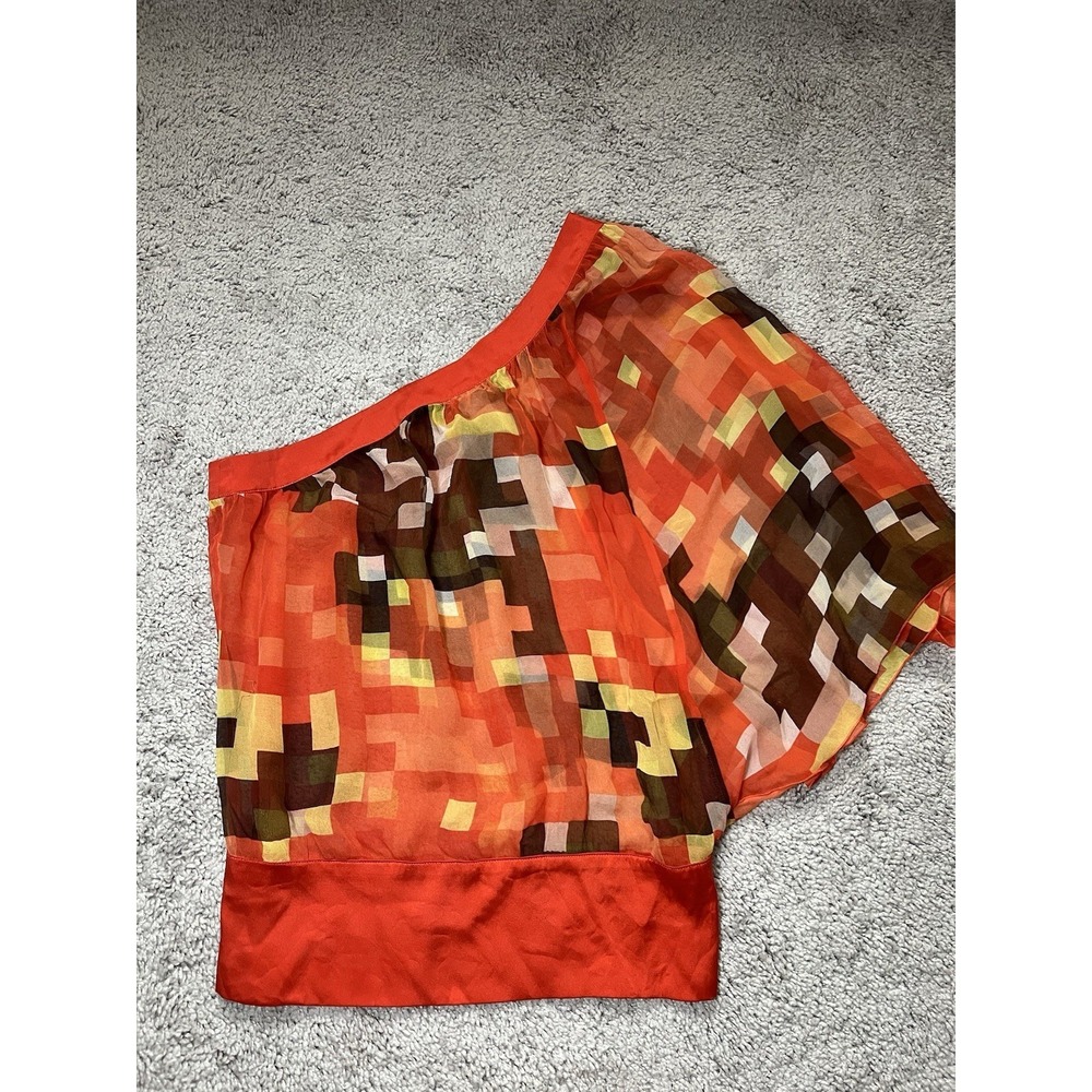 Women's Bebe Asymmetric One‎ Shoulder Chiffon Blouse Abstract Y2K 100% Silk XS